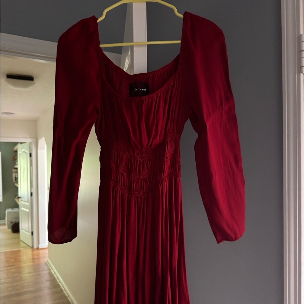 Reformation Red Ruched Long Sleeve Sundress